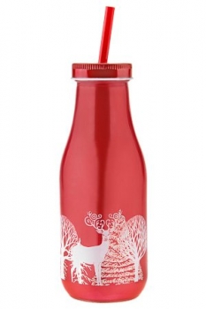 Trinkflasche rundliche Ecken, mit Trinkhalm und Verschluss, rot "Wintermotiv" 440ml 2 Motive, nicht wählbar  Solange Vorrat!